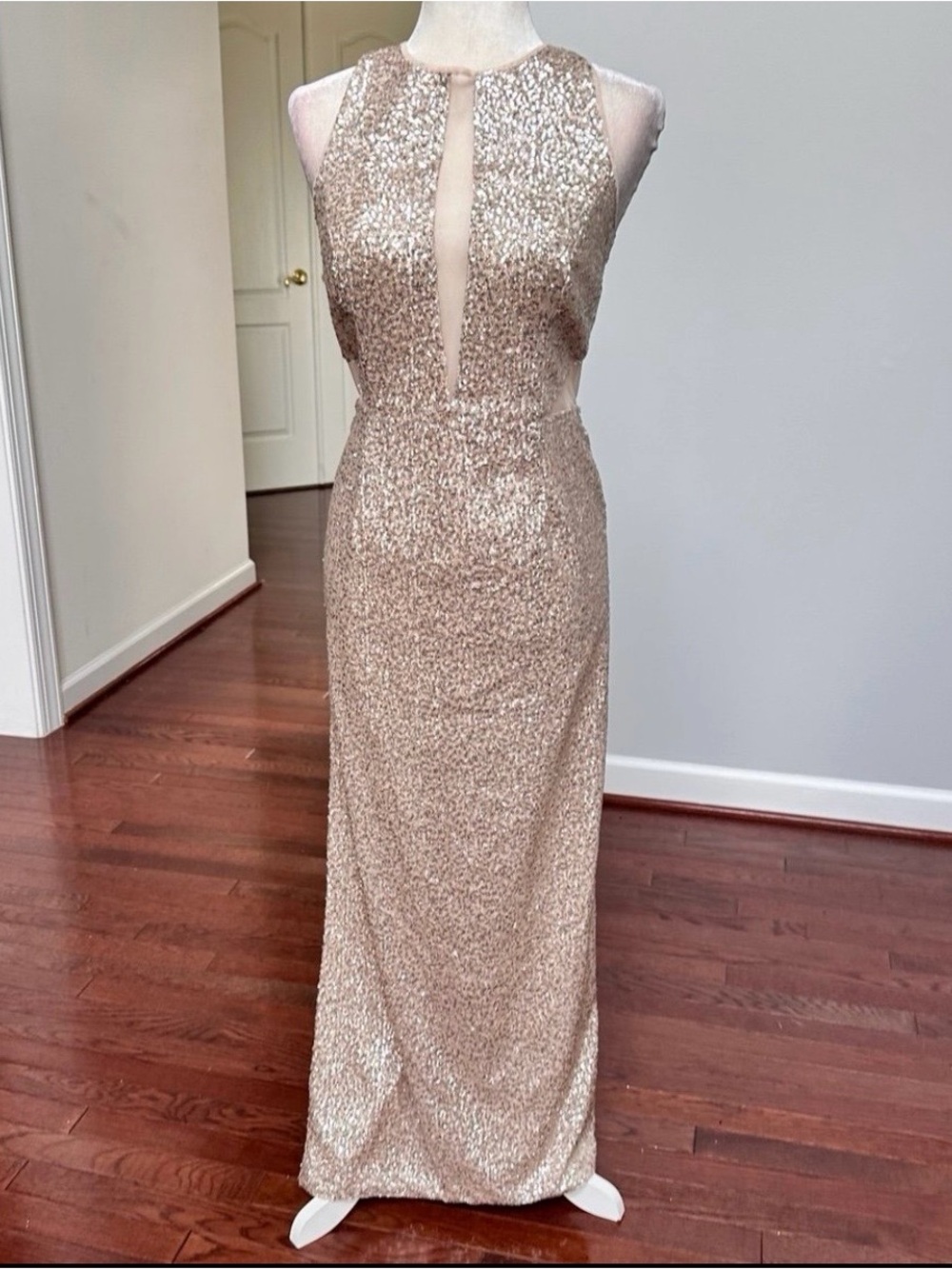 Aidan Mattox Sequin Illusion Panel Evening Gown in Gold